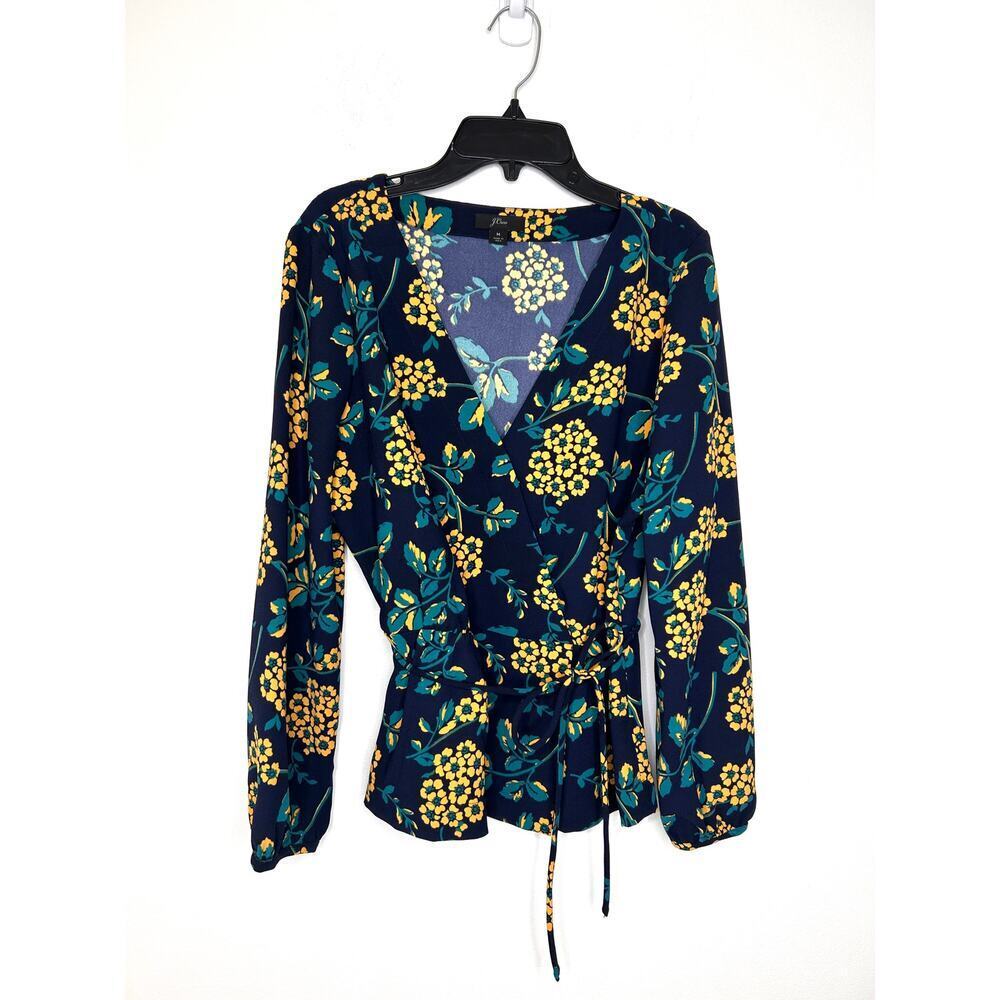 J. Crew Drapey Crepe Wrap Top M Blue Yellow Floral Cottagecore Preppy Office